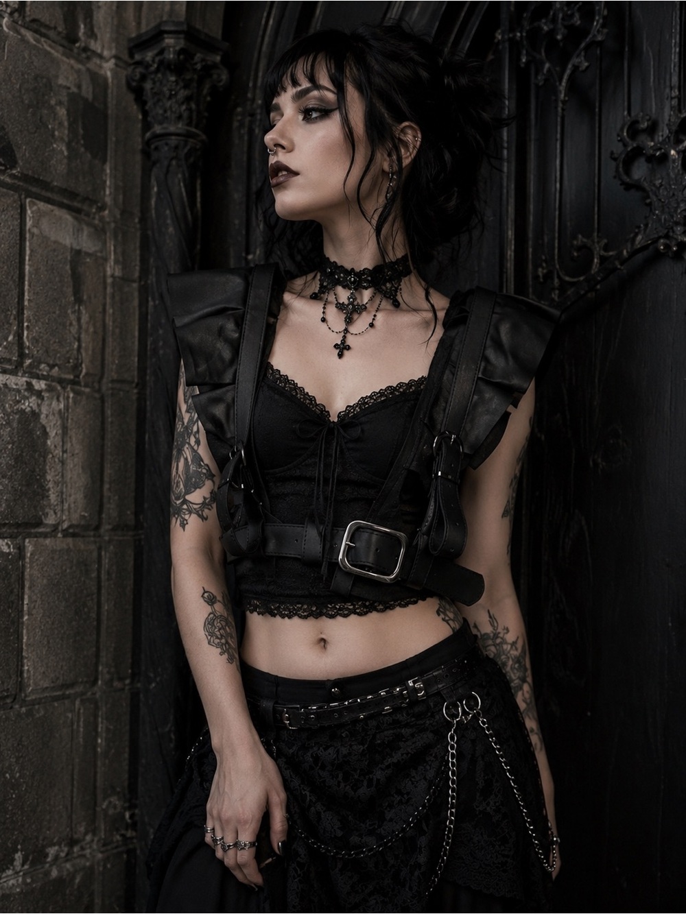 Black Adjustable Leather Harness Women's Accessories